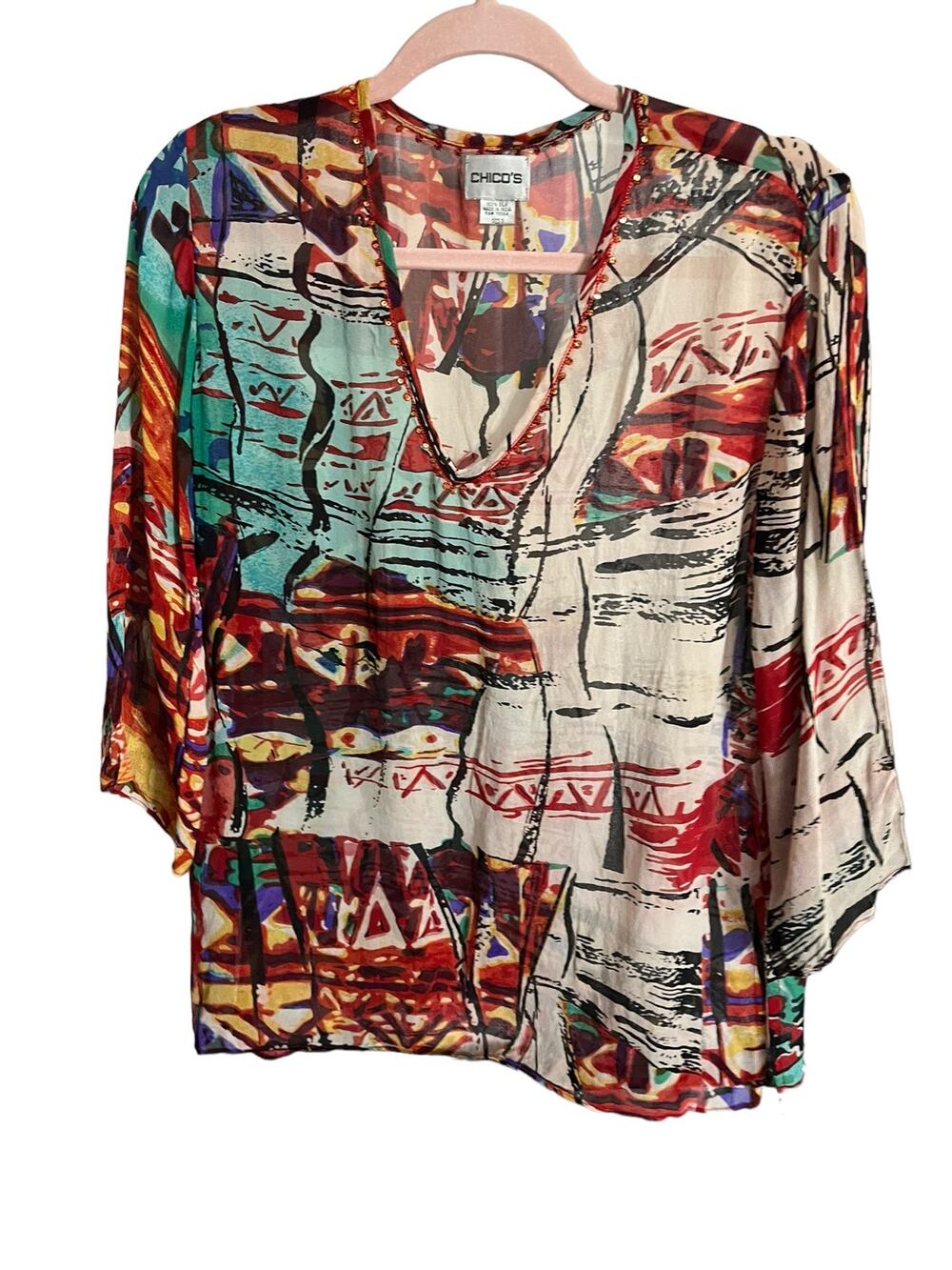 Chico's 100% silk lightweight sheer top 3/4 sleeve v-neck embroidered size 0 S